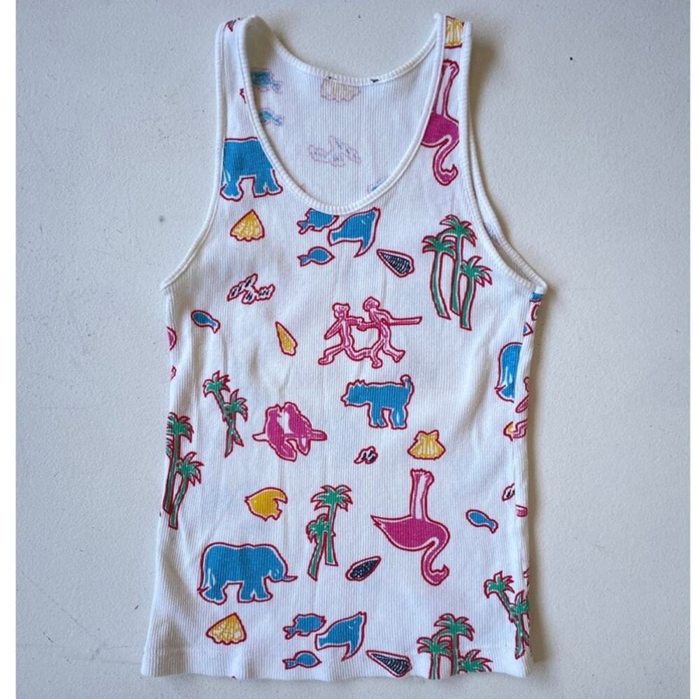 Vtg 80's Tropical Memphis Art Patterned Tank Top Ribbed Cotton New Wave Size S/M